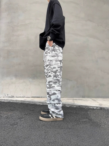 Cargo παντελόνια με καμουφλάζ, με κορδόνι δεσίματος, φαρδιά γραμμή, στυλ χιπ-χοπ, 100% πολυεστέρα