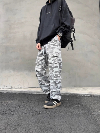 Cargo παντελόνια με καμουφλάζ, με κορδόνι δεσίματος, φαρδιά γραμμή, στυλ χιπ-χοπ, 100% πολυεστέρα