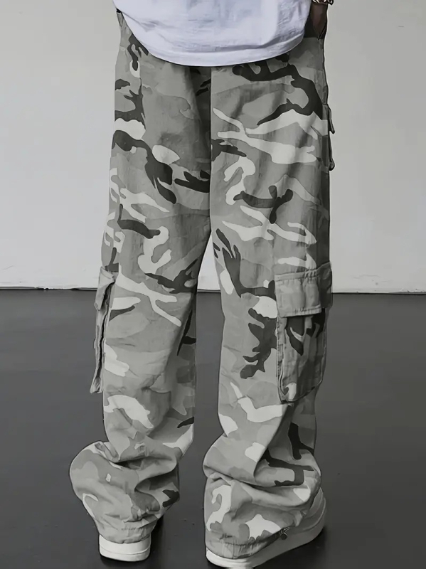 Kargo kelnės su kamufliažu, su raišteliu, laisvas kirpimas, hip-hop stilius, 100% poliesteris