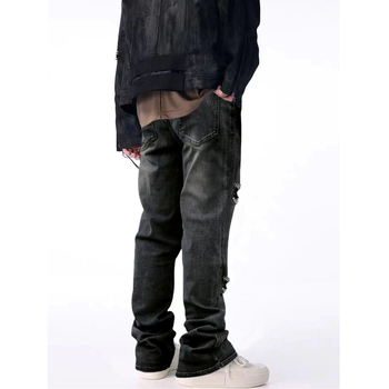 Дънкови мъжки дънки в стил хип-хоп с прав крак, износен ефект и цип за закопчаване