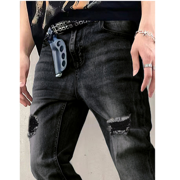 Дънкови мъжки дънки в стил хип-хоп с прав крак, износен ефект и цип за закопчаване