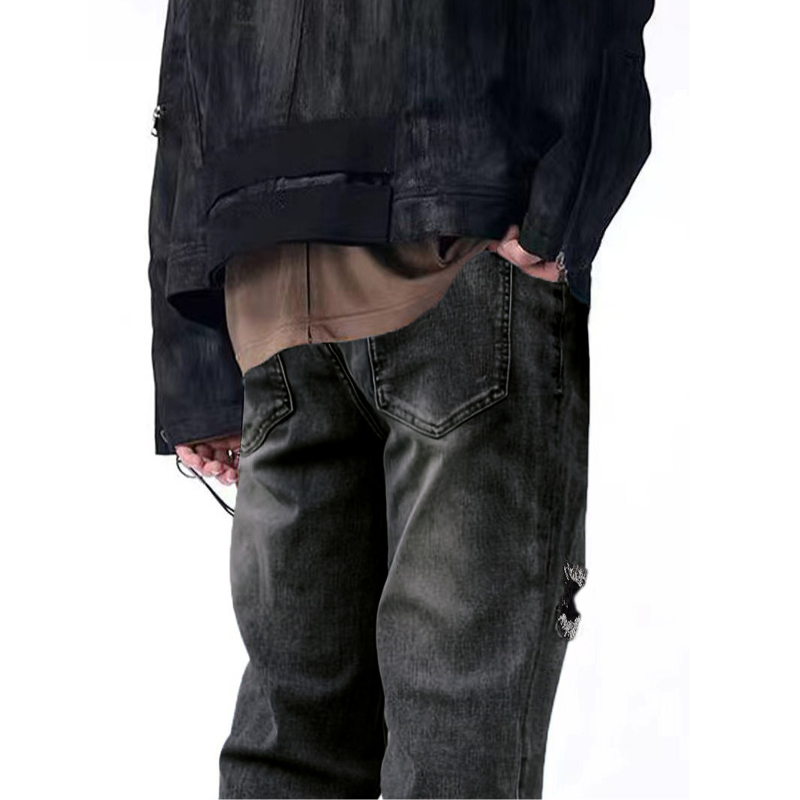Džinsai iš denimo hiphop stiliaus su tiesia kojų kirpimo linija, išskalbtas išvaizda, užtrauktukas