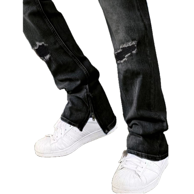 Džinsai iš denimo hiphop stiliaus su tiesia kojų kirpimo linija, išskalbtas išvaizda, užtrauktukas