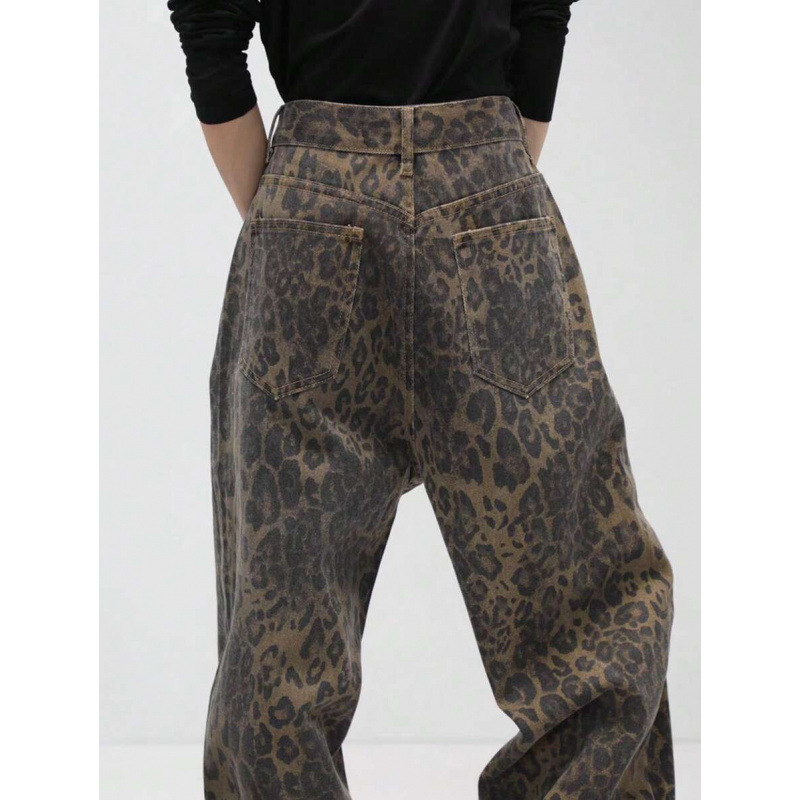 Džinsai su leopardų raštu, tiesus kirpimas, laisvas kirpimas, fliso įdaila, raištelių užsegimas