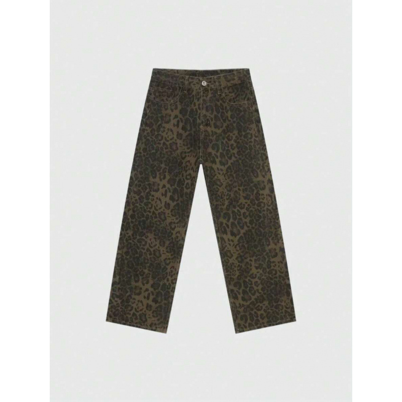 Džinsai su leopardų raštu, tiesus kirpimas, laisvas kirpimas, fliso įdaila, raištelių užsegimas