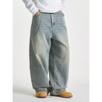 Дънки за мъже, свободна кройка, прави крачоли, двойна талия с връзка, подплата флийс