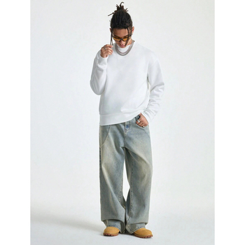 Дънки за мъже, свободна кройка, прави крачоли, двойна талия с връзка, подплата флийс