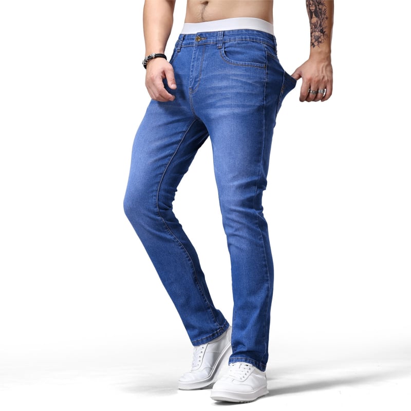 Vyriniai džinsai, Europos ir Amerikos stilius, tiesus pjūvis, vidutinio juosmens, užtrauktukas, ilgos kelnes, medvilnės–demino mišinio audinys