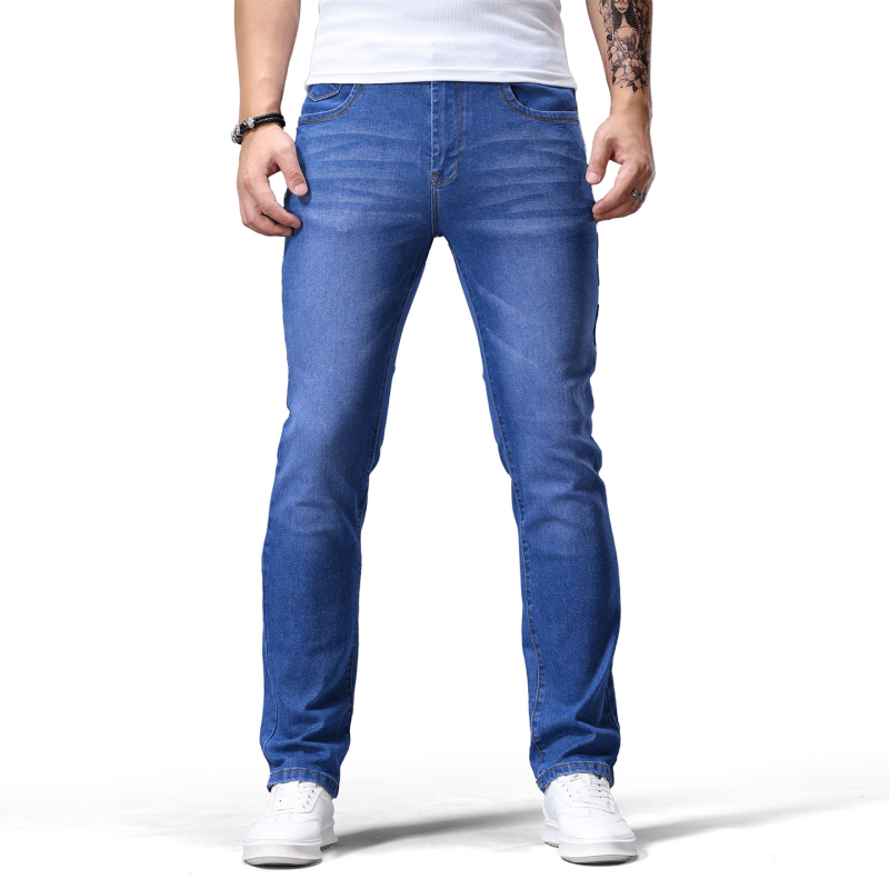 Vyriniai džinsai, Europos ir Amerikos stilius, tiesus pjūvis, vidutinio juosmens, užtrauktukas, ilgos kelnes, medvilnės–demino mišinio audinys