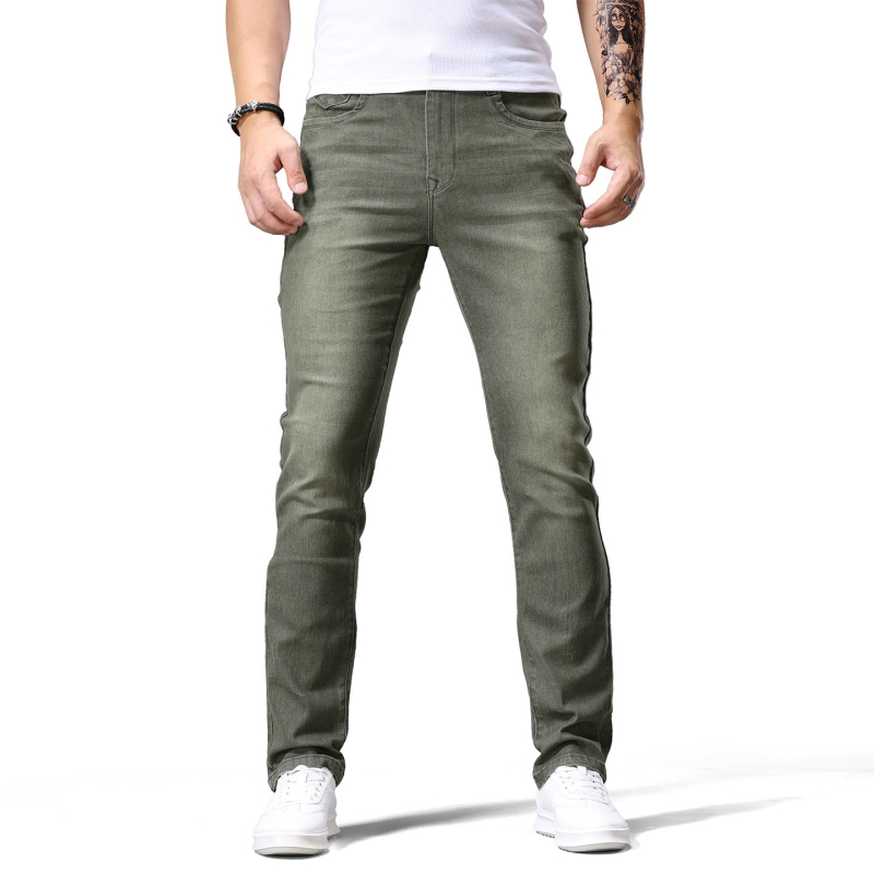 Vyriniai džinsai, Europos ir Amerikos stilius, tiesus pjūvis, vidutinio juosmens, užtrauktukas, ilgos kelnes, medvilnės–demino mišinio audinys