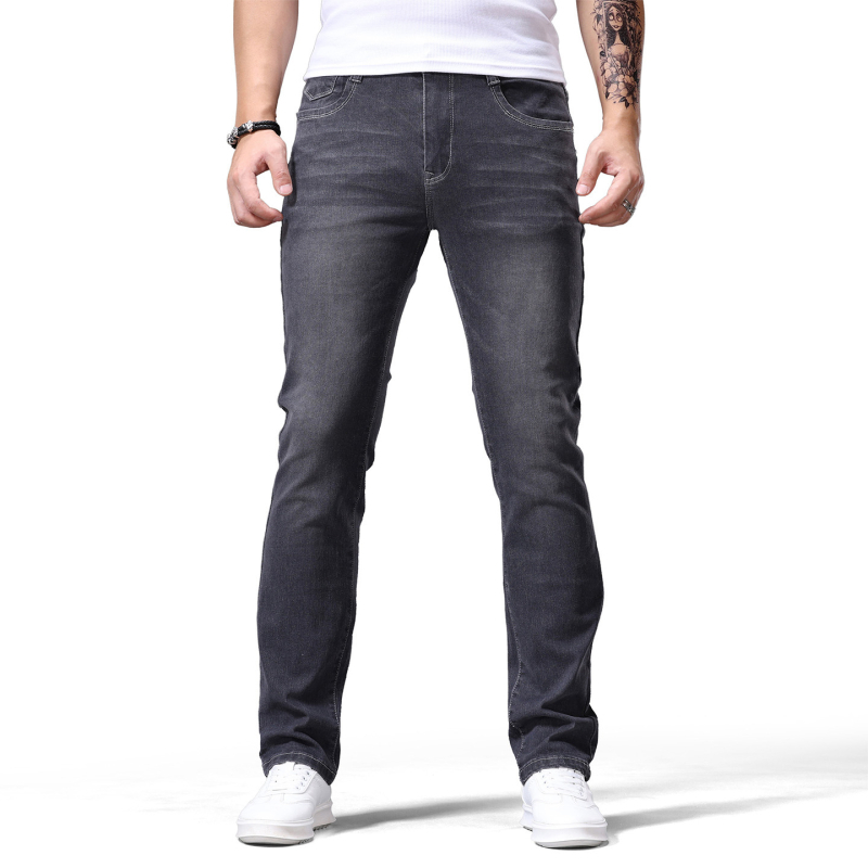 Vyriniai džinsai, Europos ir Amerikos stilius, tiesus pjūvis, vidutinio juosmens, užtrauktukas, ilgos kelnes, medvilnės–demino mišinio audinys