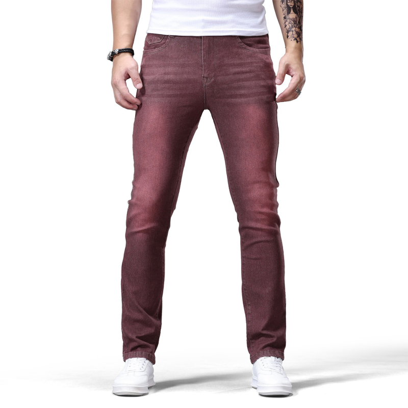 Vyriniai džinsai, Europos ir Amerikos stilius, tiesus pjūvis, vidutinio juosmens, užtrauktukas, ilgos kelnes, medvilnės–demino mišinio audinys