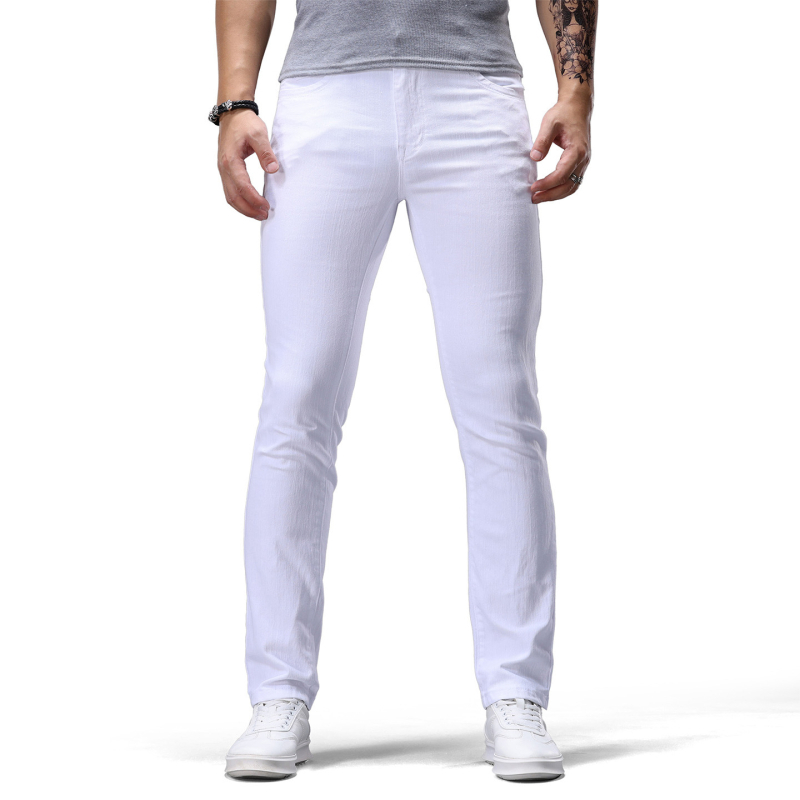 Vyriniai džinsai, Europos ir Amerikos stilius, tiesus pjūvis, vidutinio juosmens, užtrauktukas, ilgos kelnes, medvilnės–demino mišinio audinys