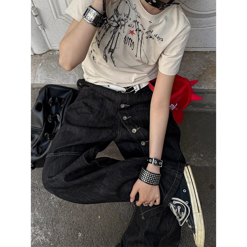 Džinsai su Korėjos stiliumi, tiesus kirpimas, vidutinė talija, mygtukų uždarymas priekyje, denim audinys, 60% medvilnė, plauti