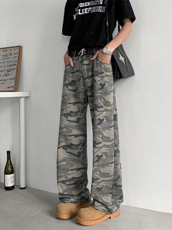 Ανδρικά τζίν σε ρετρό καμουφλάζ για εργατικό ρουχισμό, χαλαρή ίσια γραμμή, μεσαία μέση, φερμουάρ, μακριά παντελόνια