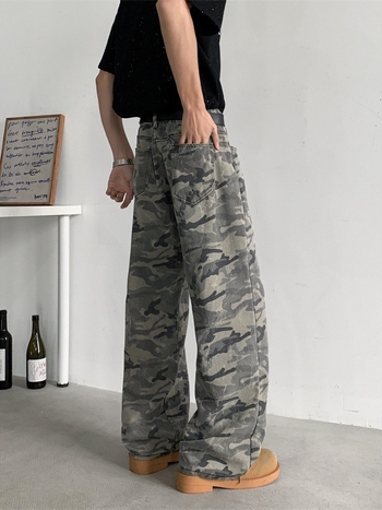 Ανδρικά τζίν σε ρετρό καμουφλάζ για εργατικό ρουχισμό, χαλαρή ίσια γραμμή, μεσαία μέση, φερμουάρ, μακριά παντελόνια