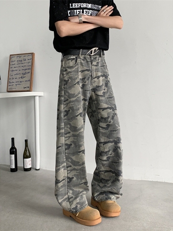 Ανδρικά τζίν σε ρετρό καμουφλάζ για εργατικό ρουχισμό, χαλαρή ίσια γραμμή, μεσαία μέση, φερμουάρ, μακριά παντελόνια