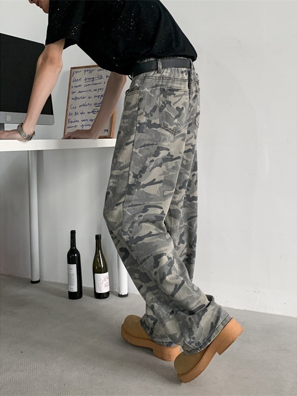 Ανδρικά τζίν σε ρετρό καμουφλάζ για εργατικό ρουχισμό, χαλαρή ίσια γραμμή, μεσαία μέση, φερμουάρ, μακριά παντελόνια