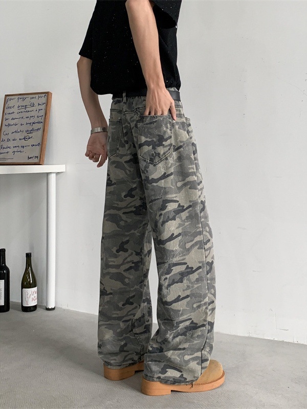 Ανδρικά τζίν σε ρετρό καμουφλάζ για εργατικό ρουχισμό, χαλαρή ίσια γραμμή, μεσαία μέση, φερμουάρ, μακριά παντελόνια