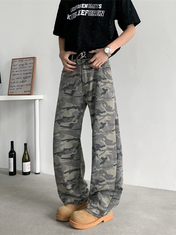 Ανδρικά τζίν σε ρετρό καμουφλάζ για εργατικό ρουχισμό, χαλαρή ίσια γραμμή, μεσαία μέση, φερμουάρ, μακριά παντελόνια