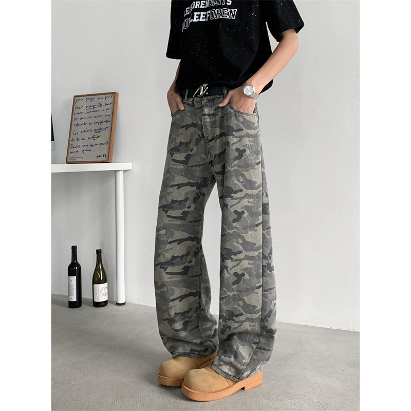Ανδρικά τζίν σε ρετρό καμουφλάζ για εργατικό ρουχισμό, χαλαρή ίσια γραμμή, μεσαία μέση, φερμουάρ, μακριά παντελόνια