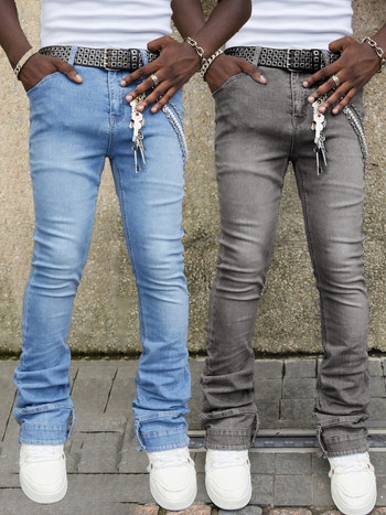 Ανδρικά τζίν από ντένιμ, ίσιο πόδι με ήπιο φλάρ, μεσαία μέση, φερμουάρ μπροστά, βαμβακερός ντένιμ 80–90%, μεσαία ελαστικότητα.