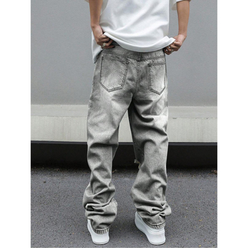 Ανδρικά παντελόνια distressed, ίσια γραμμή, χαλαρή εφαρμογή, φλις επένδυση, με κορδόνι στη μέση, για τεσσερις εποχές