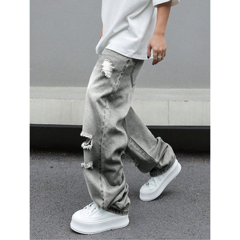 Ανδρικά παντελόνια distressed, ίσια γραμμή, χαλαρή εφαρμογή, φλις επένδυση, με κορδόνι στη μέση, για τεσσερις εποχές