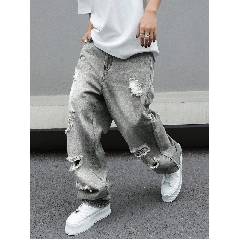 Ανδρικά παντελόνια distressed, ίσια γραμμή, χαλαρή εφαρμογή, φλις επένδυση, με κορδόνι στη μέση, για τεσσερις εποχές