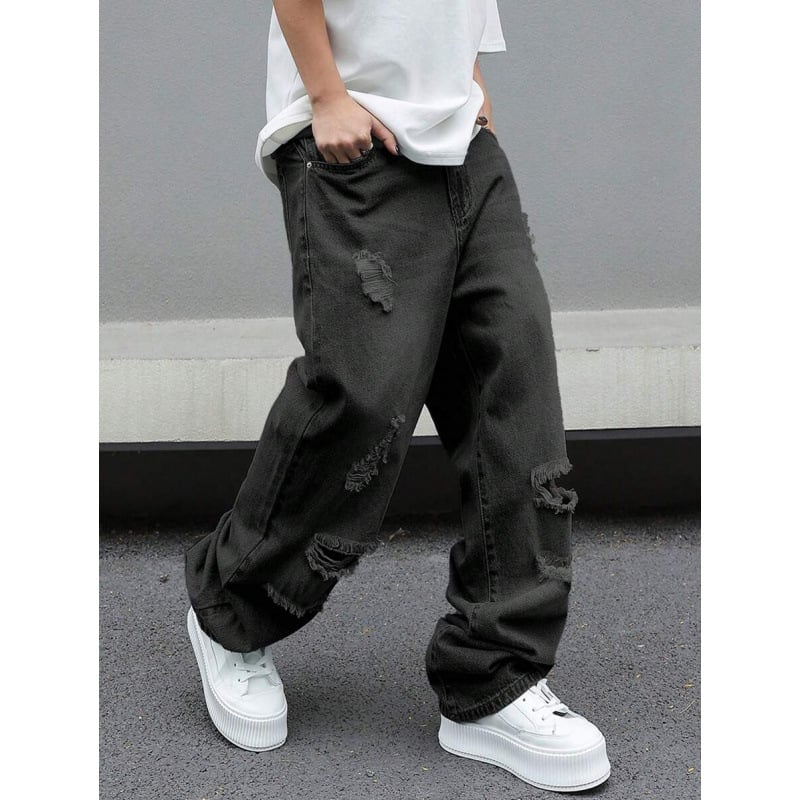 Ανδρικά παντελόνια distressed, ίσια γραμμή, χαλαρή εφαρμογή, φλις επένδυση, με κορδόνι στη μέση, για τεσσερις εποχές