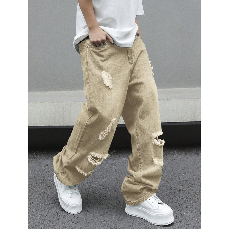 Ανδρικά παντελόνια distressed, ίσια γραμμή, χαλαρή εφαρμογή, φλις επένδυση, με κορδόνι στη μέση, για τεσσερις εποχές