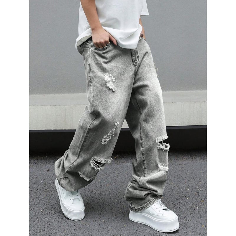 Ανδρικά παντελόνια distressed, ίσια γραμμή, χαλαρή εφαρμογή, φλις επένδυση, με κορδόνι στη μέση, για τεσσερις εποχές