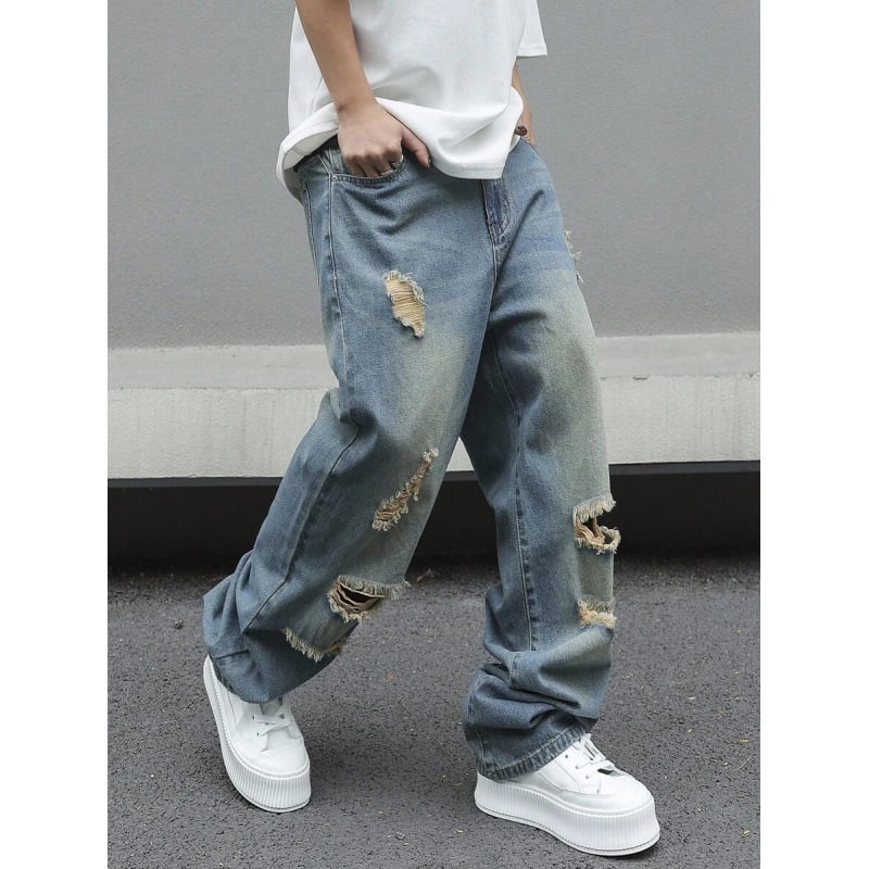 Ανδρικά παντελόνια distressed, ίσια γραμμή, χαλαρή εφαρμογή, φλις επένδυση, με κορδόνι στη μέση, για τεσσερις εποχές