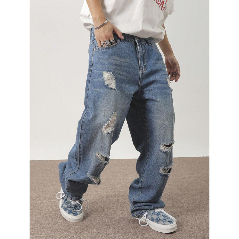 Ανδρικά παντελόνια distressed, ίσια γραμμή, χαλαρή εφαρμογή, φλις επένδυση, με κορδόνι στη μέση, για τεσσερις εποχές