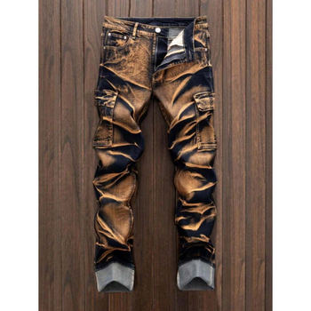 Τζιν παντελόνι με ίσιο κόψιμο, χαλαρή γραμμή, φθορές στην πλύση και κορδόνι στη ζώνη