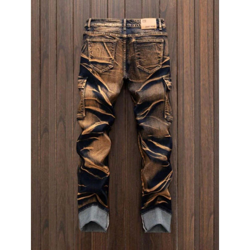 Τζιν παντελόνι με ίσιο κόψιμο, χαλαρή γραμμή, φθορές στην πλύση και κορδόνι στη ζώνη