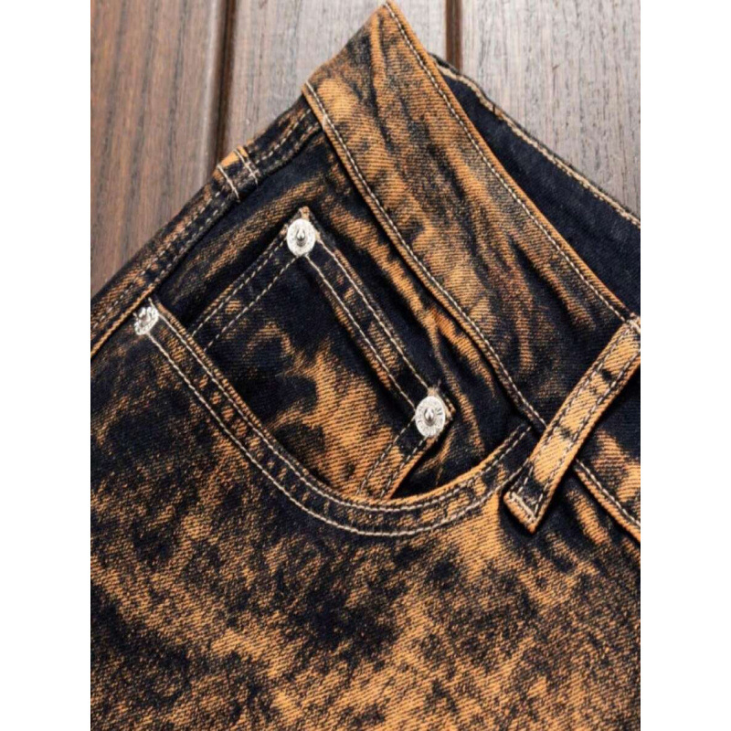 Τζιν παντελόνι με ίσιο κόψιμο, χαλαρή γραμμή, φθορές στην πλύση και κορδόνι στη ζώνη