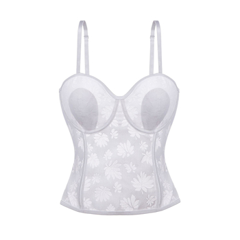 Δαντελένιο τοπ μπούστου με νάιλον ύφασμα, λεπτές διαμορφωμένες cups, 3/4, push-up και διαμόρφωση σιλουέτας, σταθερά διπλά λουριά, κλείσιμο με 7 σειρές