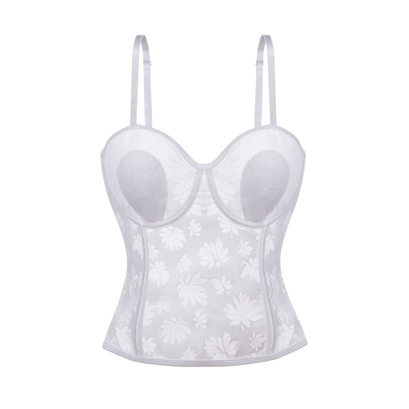 Δαντελένιο τοπ μπούστου με νάιλον ύφασμα, λεπτές διαμορφωμένες cups, 3/4, push-up και διαμόρφωση σιλουέτας, σταθερά διπλά λουριά, κλείσιμο με 7 σειρές