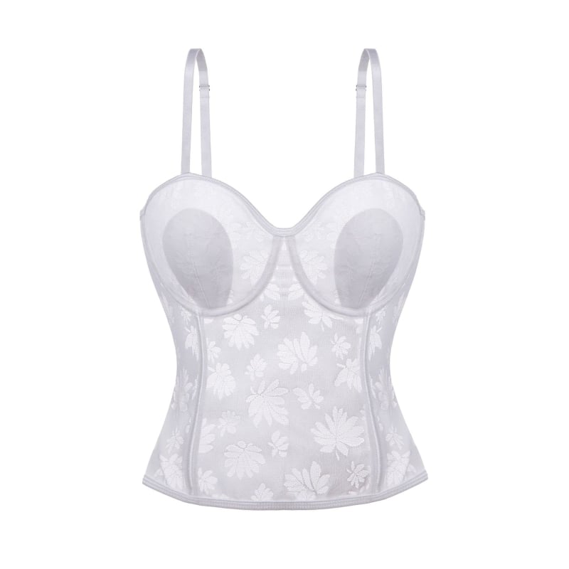 Δαντελένιο τοπ μπούστου με νάιλον ύφασμα, λεπτές διαμορφωμένες cups, 3/4, push-up και διαμόρφωση σιλουέτας, σταθερά διπλά λουριά, κλείσιμο με 7 σειρές