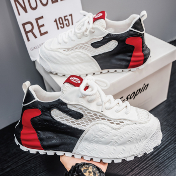 Kényelmes férfi cipő dad shoes stílusban: lélegző hálós felsőrész, vastag injektált talp, fűzővel záródó, EVA talpbetét, alacsony szárú