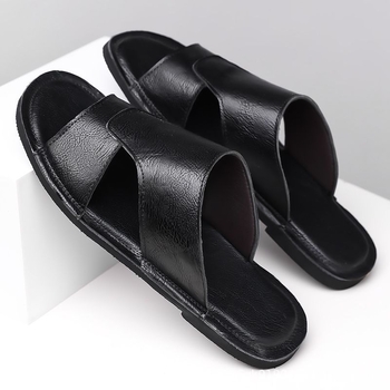 Vyriski slide sandalai, viršus iš mikropluošto odos, guminė padas, slip-on uždarymas