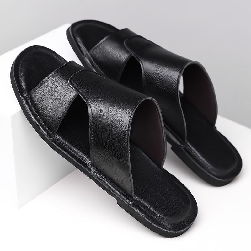 Vyriski slide sandalai, viršus iš mikropluošto odos, guminė padas, slip-on uždarymas