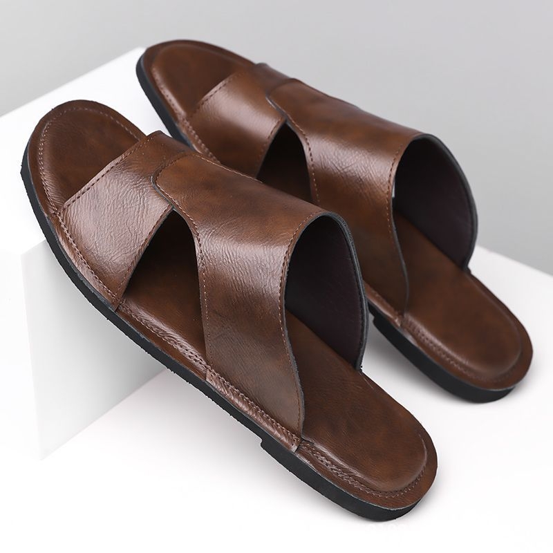 Vyriski slide sandalai, viršus iš mikropluošto odos, guminė padas, slip-on uždarymas