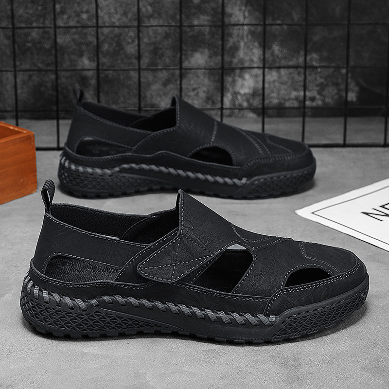 Vyriniai sandalai Romos stiliumi su piršto apsauga, viršus iš jautienos nubuko odos, minkšta ir stora pada, paplūdimių batai, kodas Xg507, 2024 m. pavasaris, vyrams virš 60