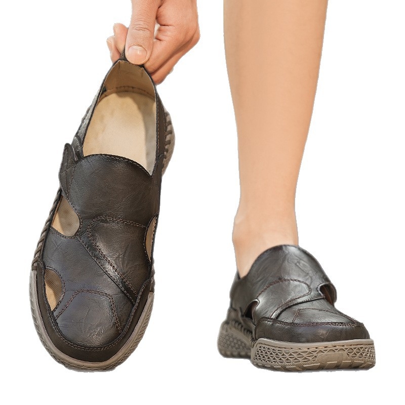 Vyriniai sandalai Romos stiliumi su piršto apsauga, viršus iš jautienos nubuko odos, minkšta ir stora pada, paplūdimių batai, kodas Xg507, 2024 m. pavasaris, vyrams virš 60