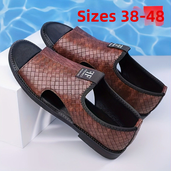 Ανδρικά σανδάλια από δέρμα μικροϊνών με ανάγλυφη υφή, αδιάβροτα, σόλα καουτσούκ, slip-on, casual, με ανοικτό μπροστινό μέρος