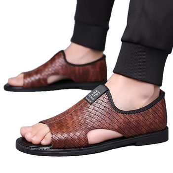 Ανδρικά σανδάλια από δέρμα μικροϊνών με ανάγλυφη υφή, αδιάβροτα, σόλα καουτσούκ, slip-on, casual, με ανοικτό μπροστινό μέρος