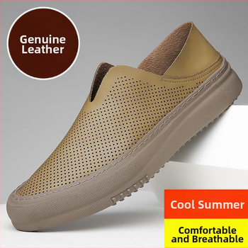 Ανδρικοί loafers από γνήσιο δέρμα, διατρημένο επάνω μέρος, αναπνεύσιμα, χωρίς κορδόνια, καουτσούκ σόλα