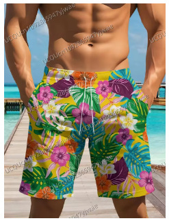 Vīriešu florālais raksts fitnesa šorti, brīvā piegriezums, īsi, galvenā auduma sastāvs: acetāts, audums: poliesters, vasaras sezona 2025.